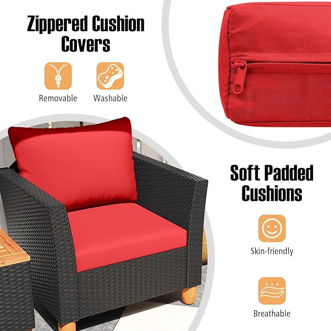 Tangkula 3 Pieces Patio Porch Furniture Set, PE Rattan Wicker Chair Conversation Set with Cushions and Storage Table, Outdoor Acacia Wood Bistro Set for Garden, Poolside (Red)
