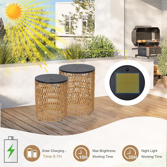 HMVPL Solar Outdoor Side Table for Patio, Round Patio Side Table for Outside, Outdoor End Table Set of 2 with Dimmable Light, Plastic Rattan Accent Table for Poolside Backyard Gazebo, Dusk to Dawn