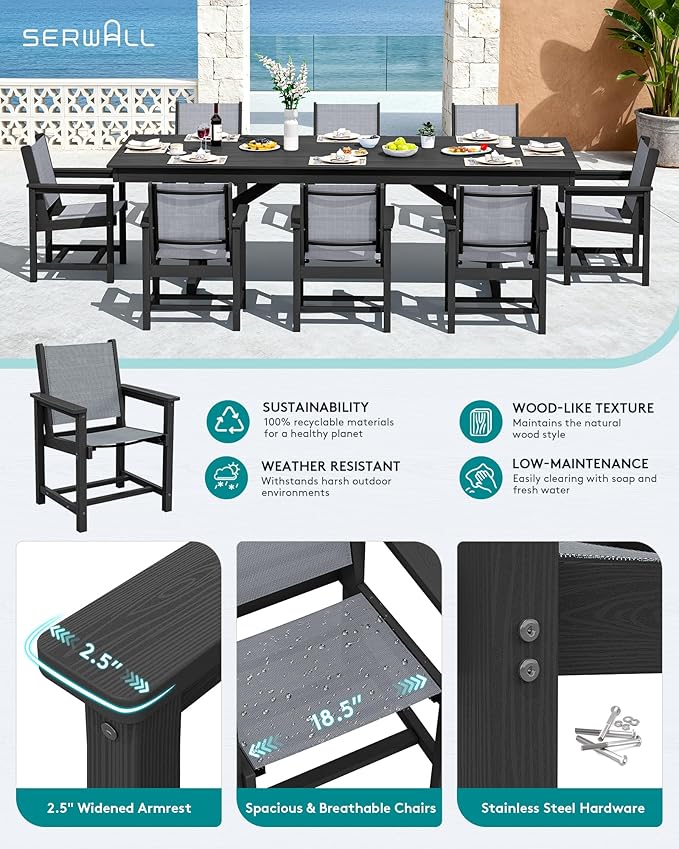 SERWALL Outdoor Dining Chairs Set of 2, All-Weather HDPE Textilene Sling Dining Chair for Backyard, Garden, Black
