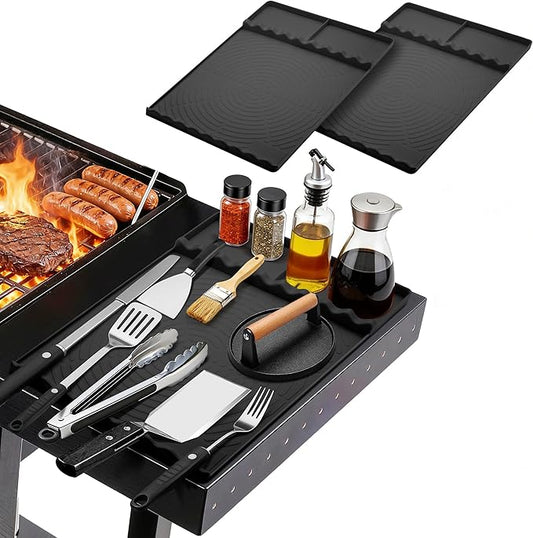 Silicone Grill Mat for Blackstone - BBQ Griddle Tools Side Mat with Drip Pad, Griddle Tools Mat for Outdoor Kitchen Countertop, BBQ Grill Accessories Gifts for Men (Black-2Pack)