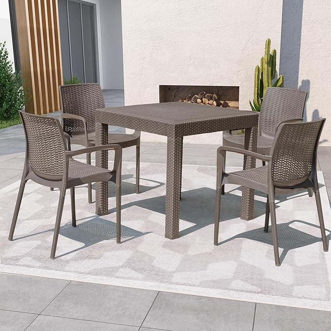 DIMAR GARDEN 4 Piece Patio Dinning Chairs Set, Outdoor Resin Dining Chairs with High Back, Deck Chair with Armrest, Flax Gray