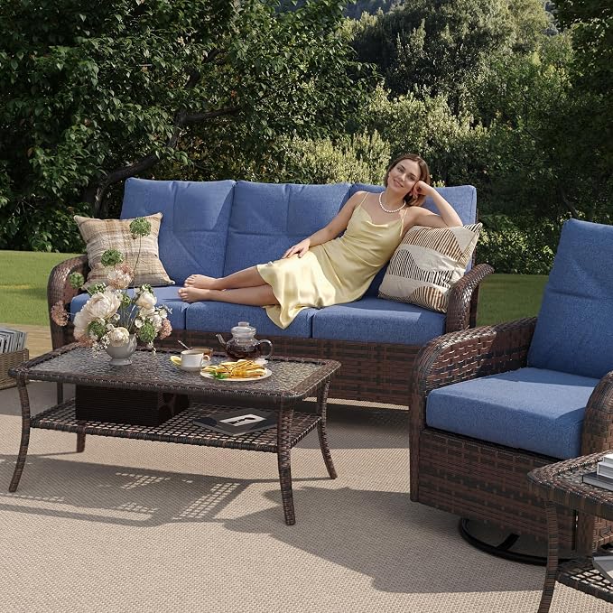LazySunsets 7 Piece Outdoor Patio Furniture Set with Coffee Table, Wicker Rattan Outdoor Furniture with High Back Swivel Rocker Chairs, Outdoor Conversation Set with Thick Cushion, Navy Blue