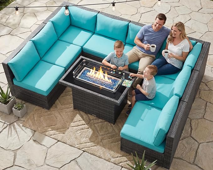 RADIATA 9 Piece Wicker Patio Furniture Set with Fire Pit, All-Weather Outdoor Sectional Couch High Back Large Size, Modular Backyard Seating Sofa Set with Propane/Natural Gas Firepit Table, Grey&Teal