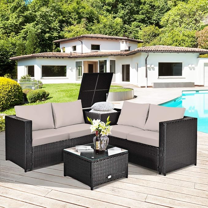 HAPPYGRILL 4PCS Patio Furniture Set Outdoor Rattan Wicker Sofa Set Conversation Set with Cushions & Storage Side Table Coffee Table for Garden Lawn Poolside Backyard