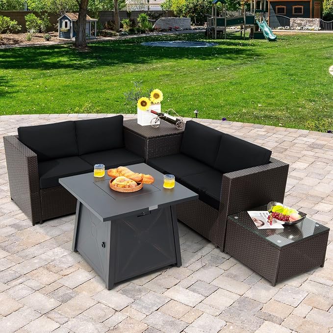 Tangkula 5 Piece Patio Furniture Set with 50,000 BTU Propane Fire Pit Table, Outdoor Wicker Conversation Set w/Cushions, Storage Box and Tempered Glass Coffee Table, 30" Gas Fire Pit Table (Black)