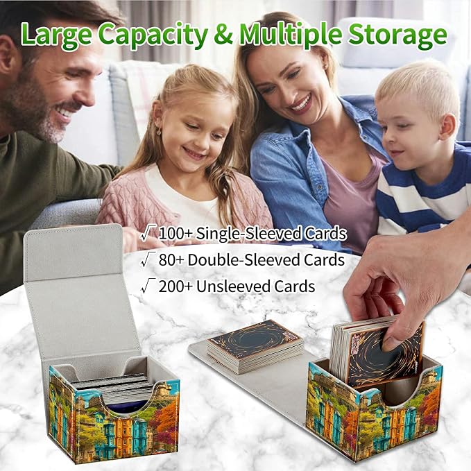 Card Deck Box for MTG, Cards Storage Box Fits 120+ Sleeved, Leather Small Size Strong Magnetic Closing Card Case for Board Games Magic TCG CCG Baseball Collection, Castle Maple Tree