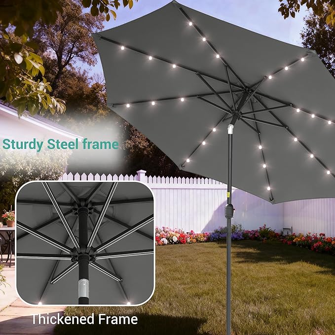 9ft Patio Umbrella Outdoor with Solar Lights,32 LED Lighted Table Market Umbrella with Tilt and Crank, 2-Year-Non-Fading, 8 Sturdy Ribs,for Pool, Deck, Garden,Backyard