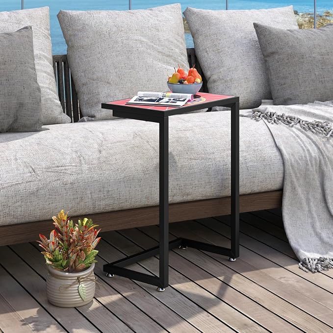 Giantex Mosaic C-Shaped Outdoor Side Table with Sturdy Metal Frame and Adjustable Foot Pads, 110 Lbs Capacity, Patio End Table for Sofa Side, Living Room, Bedroom, Outside (1)