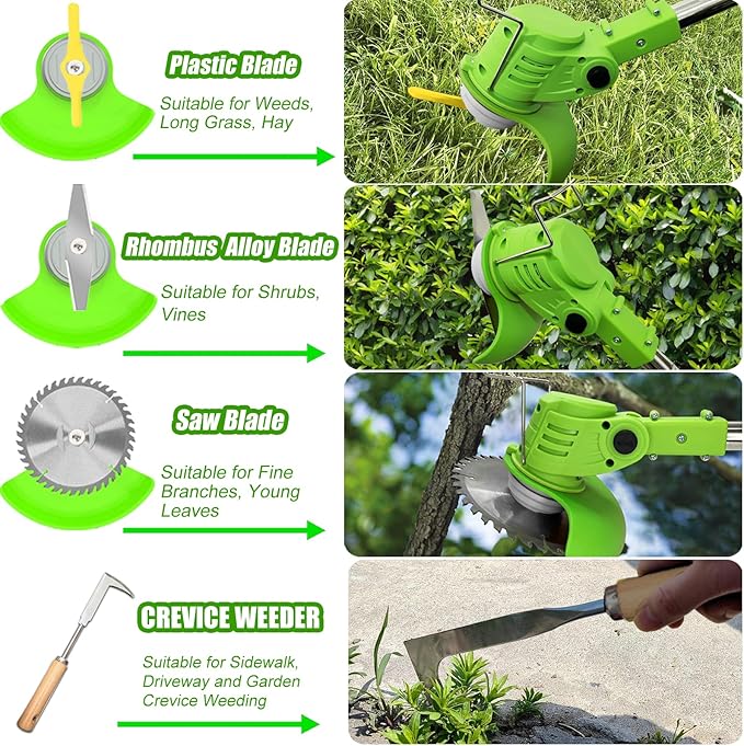 Electric Weed Wacker Cordless Eater, 21V No String Trimmer Battery Powered,3 In 1 Lightweight Grass Trimmer/Brush Cutter/Edger with Wheels and Metal Blade, Stringless Weed Trimmer for Lawn Yard Garden