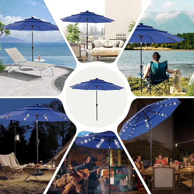 DUMOS LED Outdoor Patio Umbrella 10 FT UV-Resistant Market Umbrella with Tilt Adjustment & Crank Lift, All-Weather Shade for Backyard, Deck, Garden, Beach