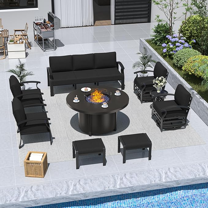 ALAULM Aluminum Patio Furniture Set with Round Propane Fire Pit Table 9-seat Metal Outdoor Furniture w/Swivel Chairs & 2 Ottomans Patio Sectional Sofas for Porch, Lawn, Poolside（Black