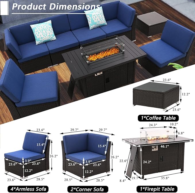 8 PCS Patio Sofa Set with Firepit Table Tempered Coffee Table Outdoor Sectional Set Patio Conversation Set Patio Furniture Sets All Weather with Thick Cushion, Rattan Handwoven