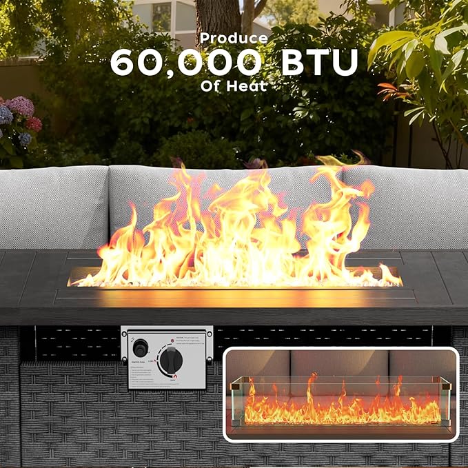 ABCASA Patio Furniture Set with Fire Pit Table, 44'' 60,000 BTU Flame Comfortable 7 Pieces Wicker Rattan Outdoor Furniture Set w/Soft Cushion, Patio Conversation Sets for Porch,Deck,Poolside,Grey