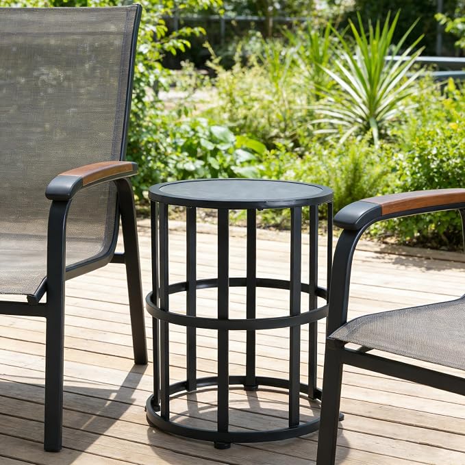 Black Metal Round Patio Side Table, Open Cylinder Slatted Outdoor End Table, Weather Resistant Iron Accent Drink Table for Backyard Garden Porch Poolside, Modern Indoor & Outdoor Pedestal Side Table