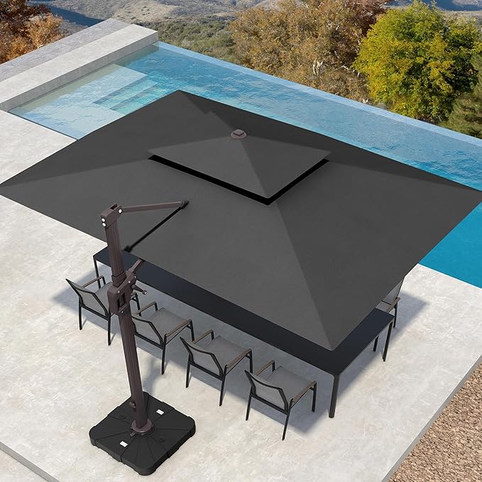 10' X 13' Patio Umbrella with Weighted Base and LED Lights Outdoor Cantilever Large Rectangle Offset Umbrellas Heavy Duty Aluminum Double Top with 360-degree Rotation for Pool Garden Deck, Grey
