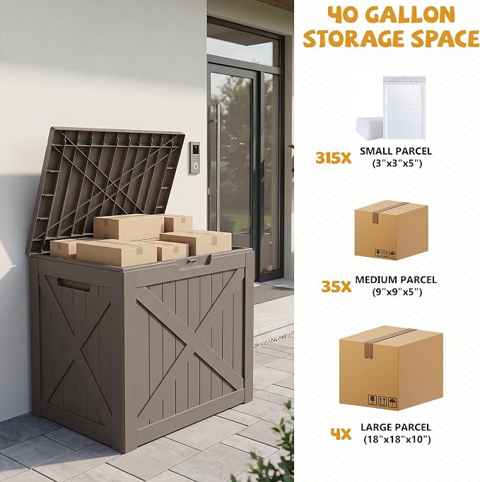 40-Gallon Outdoor Storage Box, Waterproof Deck Box for Patio Cushions, Garden Tools, Pool Accessories, Lockable Outside Storage Bin for Backyard & Deck (Grey)