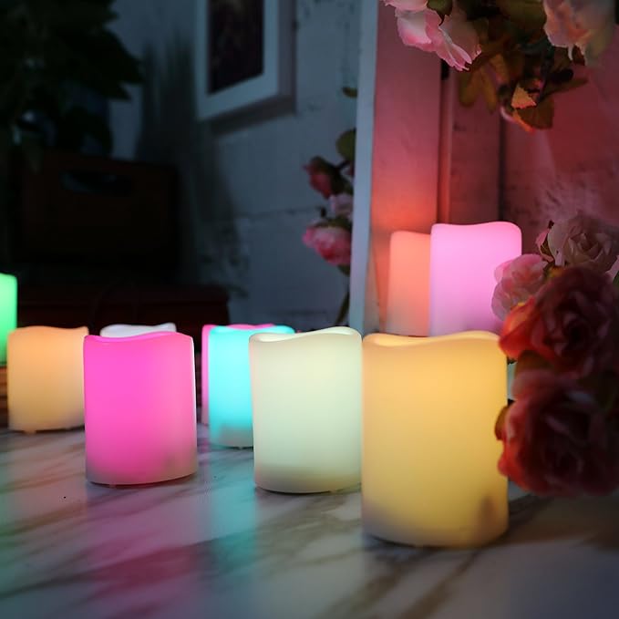 CANDLE CHOICE Color Changing Battery Operated Flameless Votive Candles with Remote Timer Realistic Flickering Fake Electric Multicolor LED Lights for Wedding Christmas Decorations Battery Incl. 12 PCS