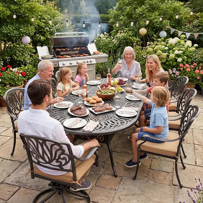 VIVIJASON 9-Piece Outdoor Furniture Dining Set, All-Weather Cast Aluminum Patio Conversation Set, Include 6 Stationary Chairs, 2 Swivel Dining Chairs and an Oval Table with Umbrella Hole