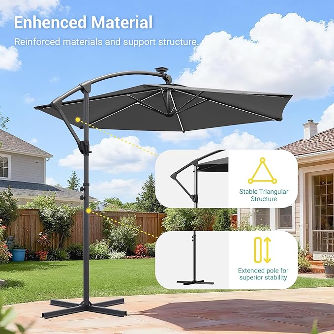 10ft Offset Patio Umbrella with Solar Light Strips,Outdoor Cantilever Hanging Umbrella with Cross Base, Fade Resistant Recycled Fabric, for Pool, Deck, Garden,Backyard,