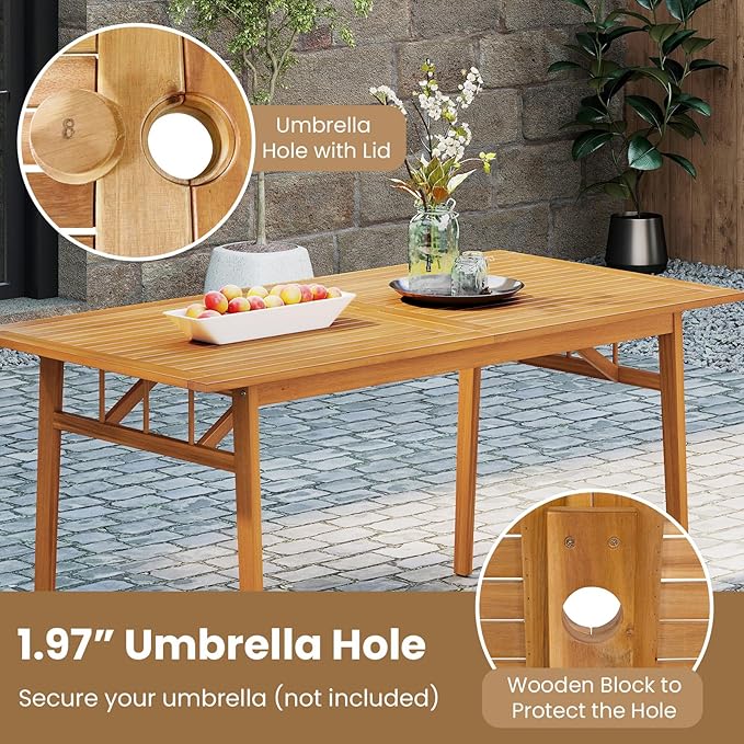Tangkula 6 Pieces Patio Acacia Wood Dining Set, Outdoor Rectangular Table with 1.97” Umbrella Hole, Bench and Cushioned Chairs for 6, for Deck, Yard and Poolside