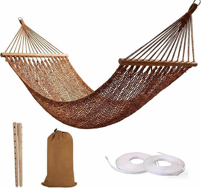 Portable Camping Hammock 79"x32" Anti-Rollover Mesh Hammock with Wooden Spreader Bar, Lightweight Hanging Hammock for Backyard Patio Travel Indoor Outdoor, White/Brown/Army Green