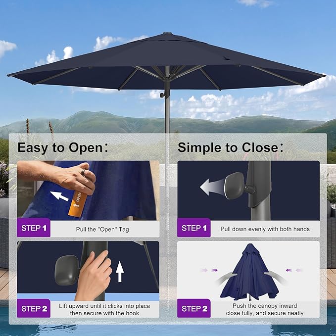 PURPLE LEAF 13 FT Commercial Round Patio Market Table Sun Umbrella Semi Auto Open All Weather Maximum Coverage for Hotel Resort Cafe Restaurant Garden Business Use Navy Blue