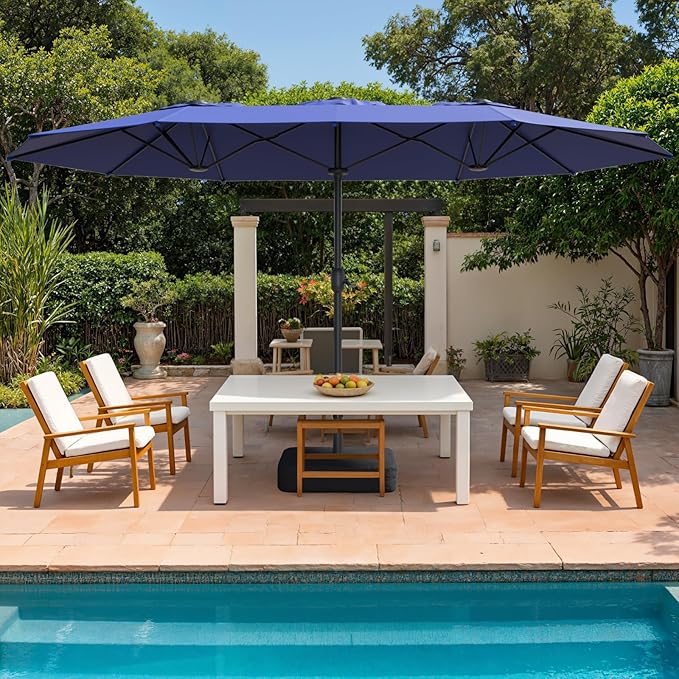 15ft Double-Sided Outdoor Patio Umbrella, Table Umbrellas with Steel Ribs, Easy Crank, Market Umbrella for Backyard & Pool