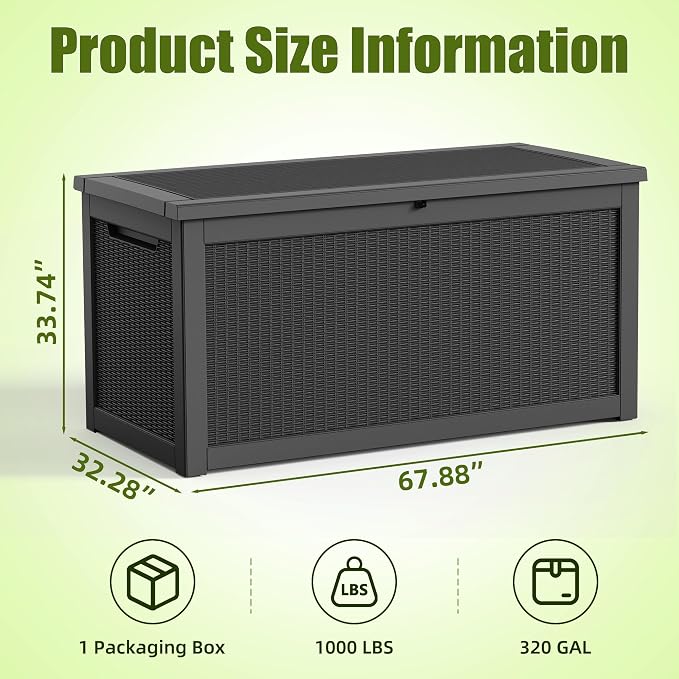 320 Gallon Storage Box, Deck Box, Large Storage Box, Waterproof &Resin with Hydraulic Rods Connected, For Patio, Lawn, Outdoor& Indoor Use Black
