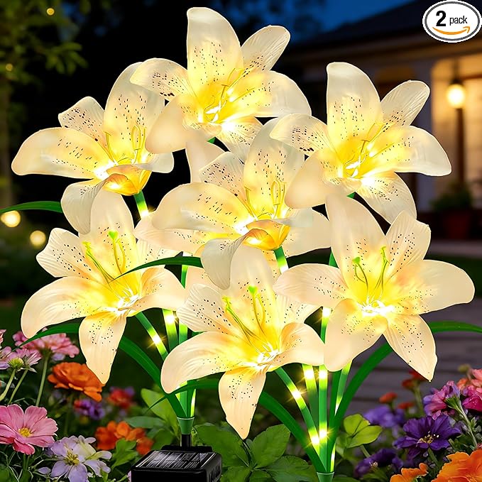 Solar Lights Outdoor, Gift for Women Mom Grandma Wife Daughter, 2 Pack 8 Solar White Lily Flower Lights, Solar Flower Lights Waterproof, Outside Decor Stake Light for Landscape Yard Patio Lawn Garden
