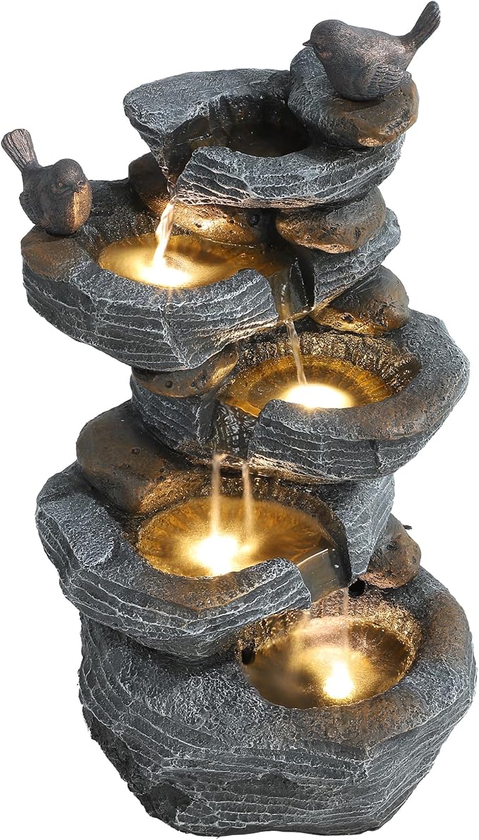 5-Tiers Cascading Rock Water Fountain Outdoor - Waterfalls Fountains with LED Lights, Outdoor/Indoor Resin Water Feature Fountain for Patio, Garden, Backyard, Deck, Porch, Home Docor