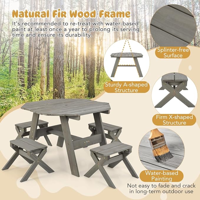 KOTEK Kids Picnic Table, Fir Wood Foldable Toddler Octagon Table and Chairs with Height Adjustable Umbrella, Indoor Children Art Play Table, Activity Kids Outdoor Table for Backyard & Patio (Grey)