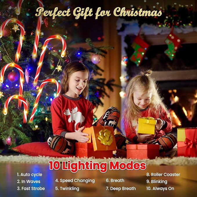 BUCASA 12 Pack Christmas Decorations Outdoor Solar Candy Cane Lights, Solar Christmas Pathway Lights with USB Charge, 10 Modes 72 LEDs Waterproof Outdoor Christmas Decorations for Garden Yard Pathway