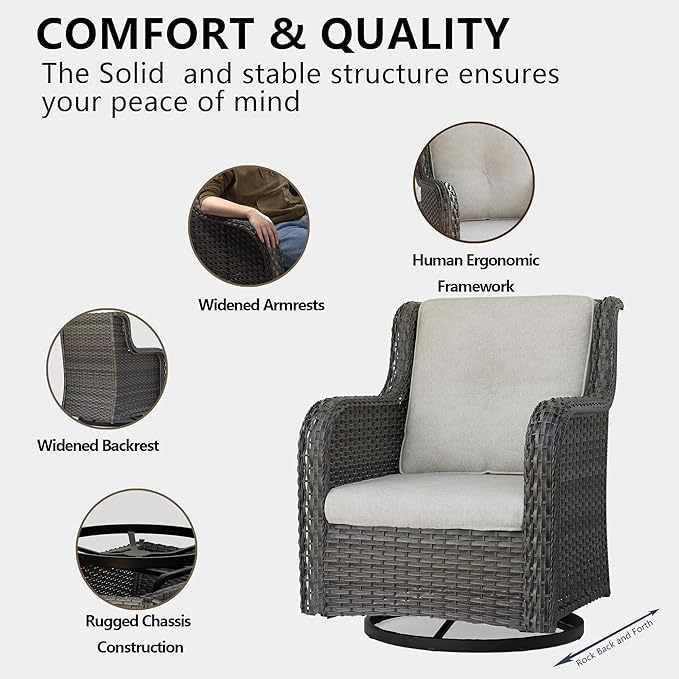 Outdoor Swivel Rocker Patio Chairs Set of 2 - Outdoor Wicker Swivel Glider Chairs 2 Pieces with Olefin Fabric Cushions Suitable for Backyard Deck and Porch(Mixed Grey/Beige)