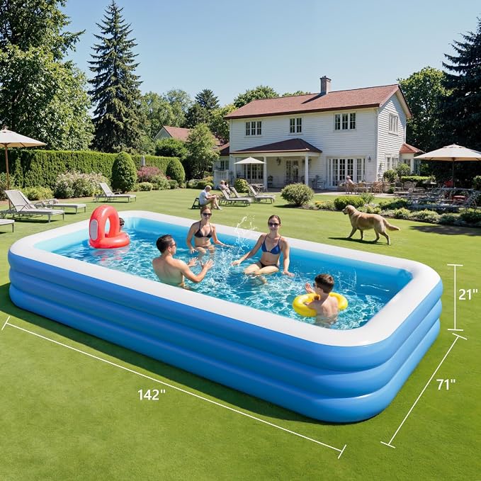 Inflatable Pool for Adults, 142" x 71" x 21" Blow Up Pools, Rectangular Family Swimming Pool