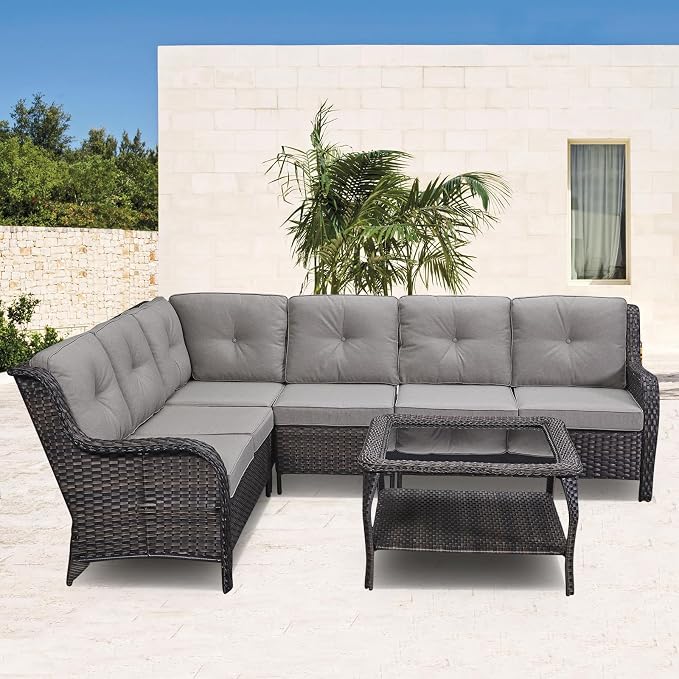 Patio Table Outdoor Coffee Tables - Rattan Wicker Coffee Table with Glass Top and 2-Tier Storage Shelf Square for Outdoor Patio Porch Deck Balcony Garden(Brown/Glass Top)