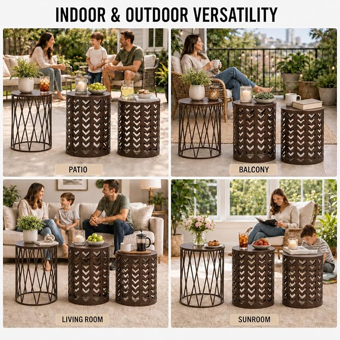 Y&M Outdoor Side Tables Set of 3, Nesting Patio Side End Tables for Outside, Round Heavy Duty Metal Stacking Accent Tables for Patio Balcony Garden Indoor, Brown