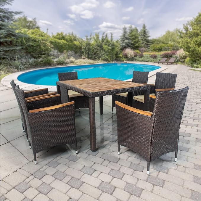 7 Piece Outdoor Patio Furniture Dining Set, Rattan Conversation Set with Acacia Wood Table Top, Widened Armrests and 6 Soft Cushion Chairs for Backyard, Garden