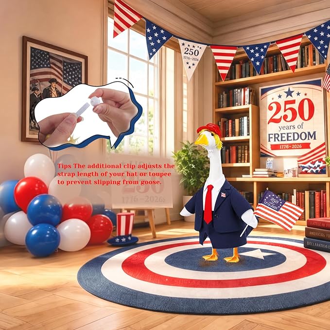 Porch Goose Outfit with Wig Hat for 23 Inch Goose Statue,Outdoor Yard Decor | USA Flag 250th Anniversary Design, Patriotic Porch Goose Clothes with Hat Wig Pin, Outdoor Yard Lawn Patio Holiday Decor