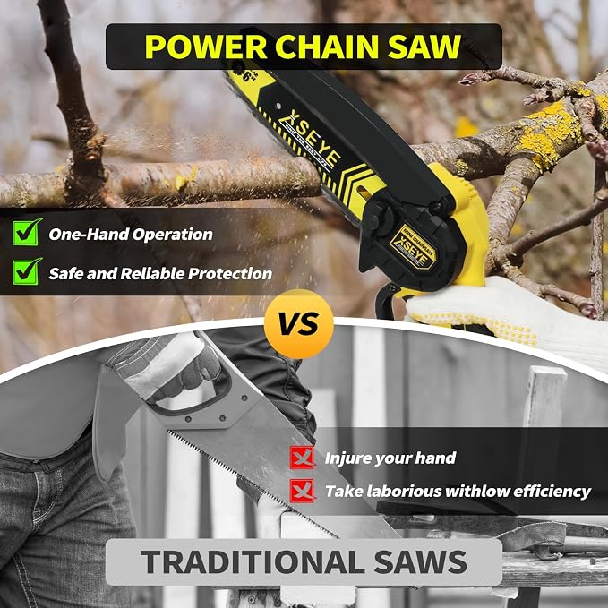 XSEYE Mini Chainsaw Cordless 6", Battery Powered Electric Handheld Chain Saw for Wood Cutter Branch Tree Trimming Garden Tool, Anniversary Birthday Idea for Husband Him, Mens Day Gifts for Father Dad