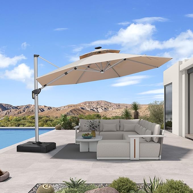 PURPLE LEAF Cantilever Umbrella with Base 13ft Outdoor Round Patio Solar Powered LED Umbrella with 360-degree Rotation for Garden Deck Pool Patio, Beige