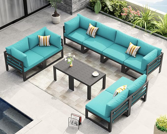 NICESOUL 10 Piece Oversized Modular Aluminum Outdoor Furniture Set, 29" Deep and Wide Sectional Seating, 500 lbs High Weight Capacity Water Resistant Patio Conversation Set for Garden Deck, Turquoise