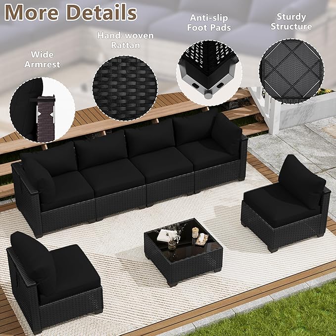 7 Piece Outdoor Patio Furniture Set, Rattan Chairs Glass Table Wicker Conversation Seating Sectional Sofa with Cushions (Black-Black, 7Pcs-Straight Back)