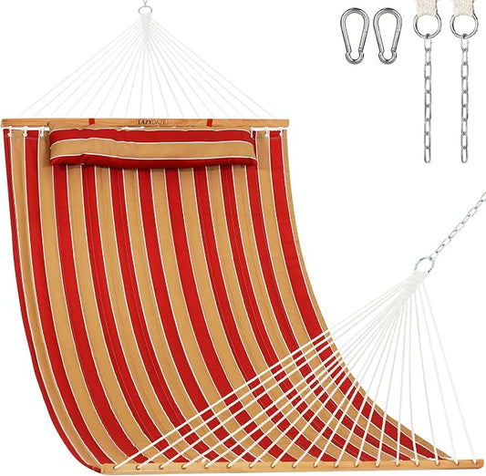 Lazy Daze Hammocks Hammock Quilted Fabric with Pillow for Two Person Double Size Spreader Bar Heavy Duty Stylish, Red & Tan Stripe