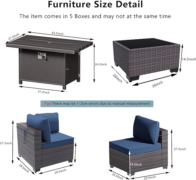 Outdoor Terrace Furniture Set, 15 Piece Outdoor Furniture Set, with 43 inch Aluminum 55003 BTU Propane fire Pit, PE Willow Vine Terrace Dialogue Set - Blue.