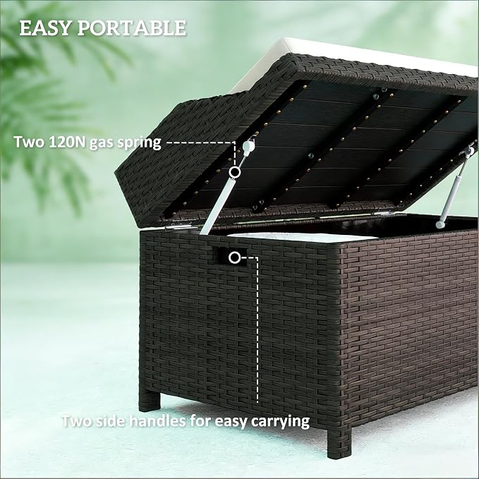 2-in-1 Outdoor Wicker Storage Bench & Outdoor Storage Box with Gas Struts- 34 Gallon Water-Resistant Deck Box,Splash-Proof Cushion & Removable Cover.Deep Coffee Rattan,Patio Storage Cabinet Solution