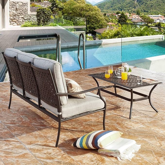 Patio Conversation Set Cushioned Metal Outdoor Furniture Sets with All Weather Galvanized Steel Frame (4Pcs,Grey)