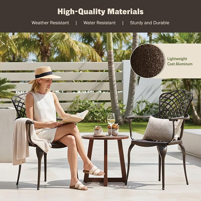 Kinger Home Arden 2-Piece Outdoor Patio Dining Chairs Set of 2, Cast Aluminum Patio Chair Set, All-Weather Resistant Outdoor Dining Furniture, Brown