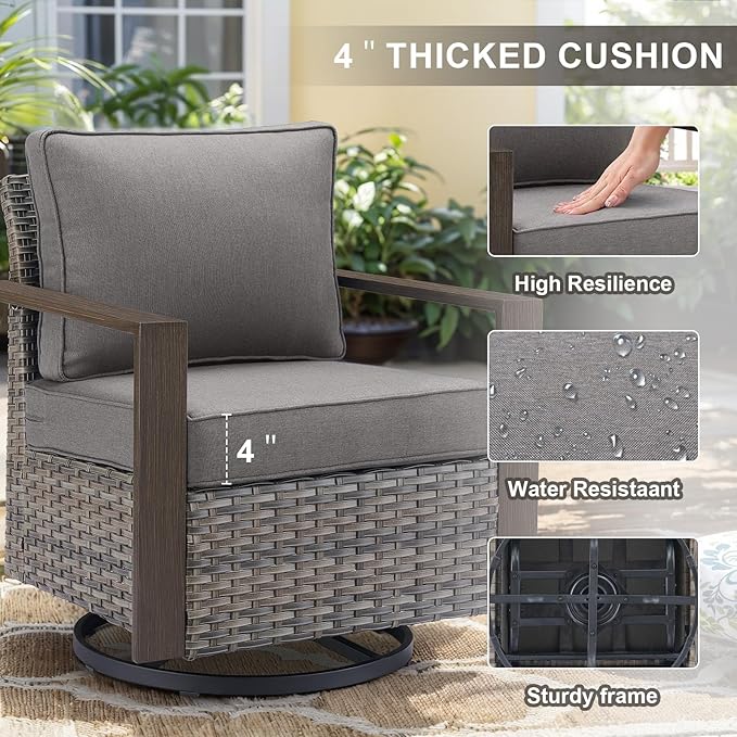 Belord Modern Outdoor Patio Furniture 7 - Person Outdoor Swivel Glider Seating Group, Backyard Wicker Furniture Set with Aluminum Armrests, Grey Wicker Grey Cushion