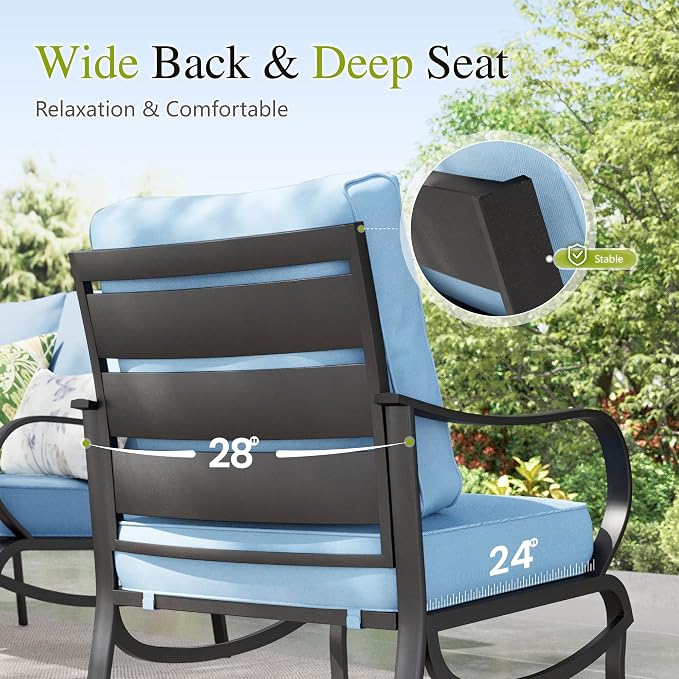 Sophia & William Patio Furniture Sets with 45" Gas Fire Pit Table Outdoor Metal Conversation Sets for 5, 2 x Swivel Cushioned Patio Sofa Chairs, 1 x 3-Seat Sofa 4 Pieces for Lawn Backyard Blue