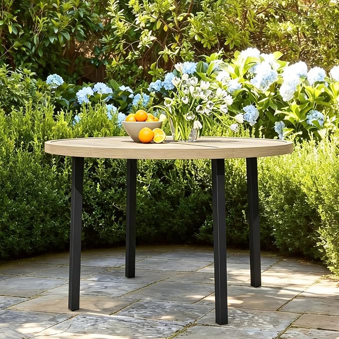 Outdoor Round Dining Table for 6, 47" Large Metal Wrought Iron Metal Table with Umbrella Hole, All Weather Patio Furniture for Deck, Yard, Porch - Honey Oak
